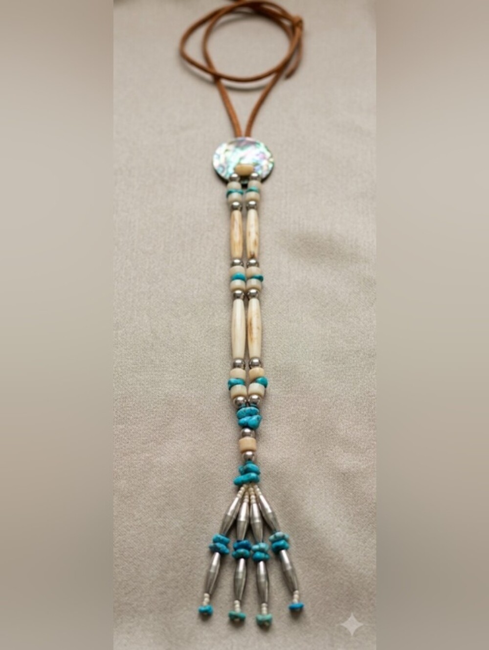 Boho Turquoise Beaded Necklace with Bone Accents - Southwest Traditional Natural